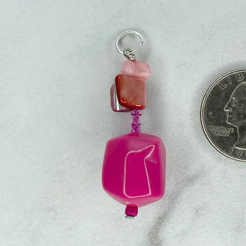 Pink Shell Beaded Upcycled Pendant Silver Tone Repurposed ✨